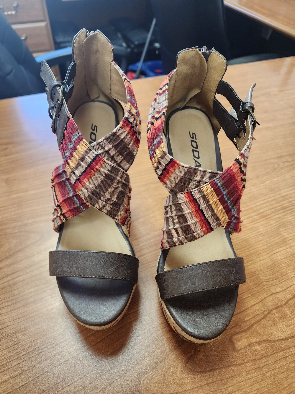 Soda Plaid Crisscross Red and Brown Wedge Sandals